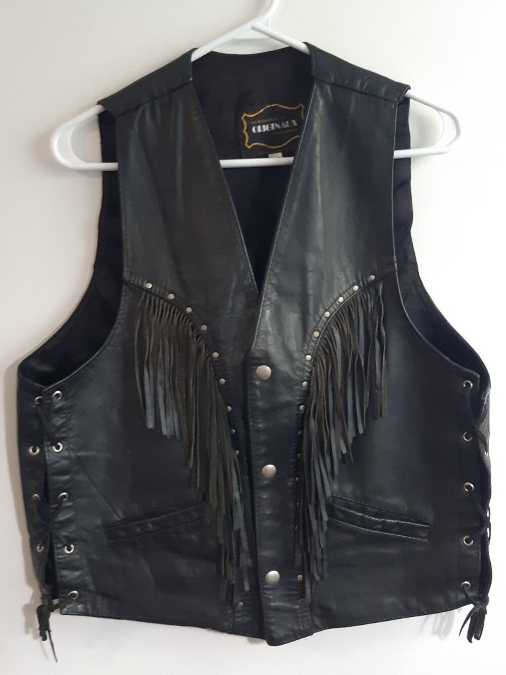 Vintage Genuine Leather Fringe Vest Biker Western Black LaceUp Made In Canada M - Picture 1 of 9